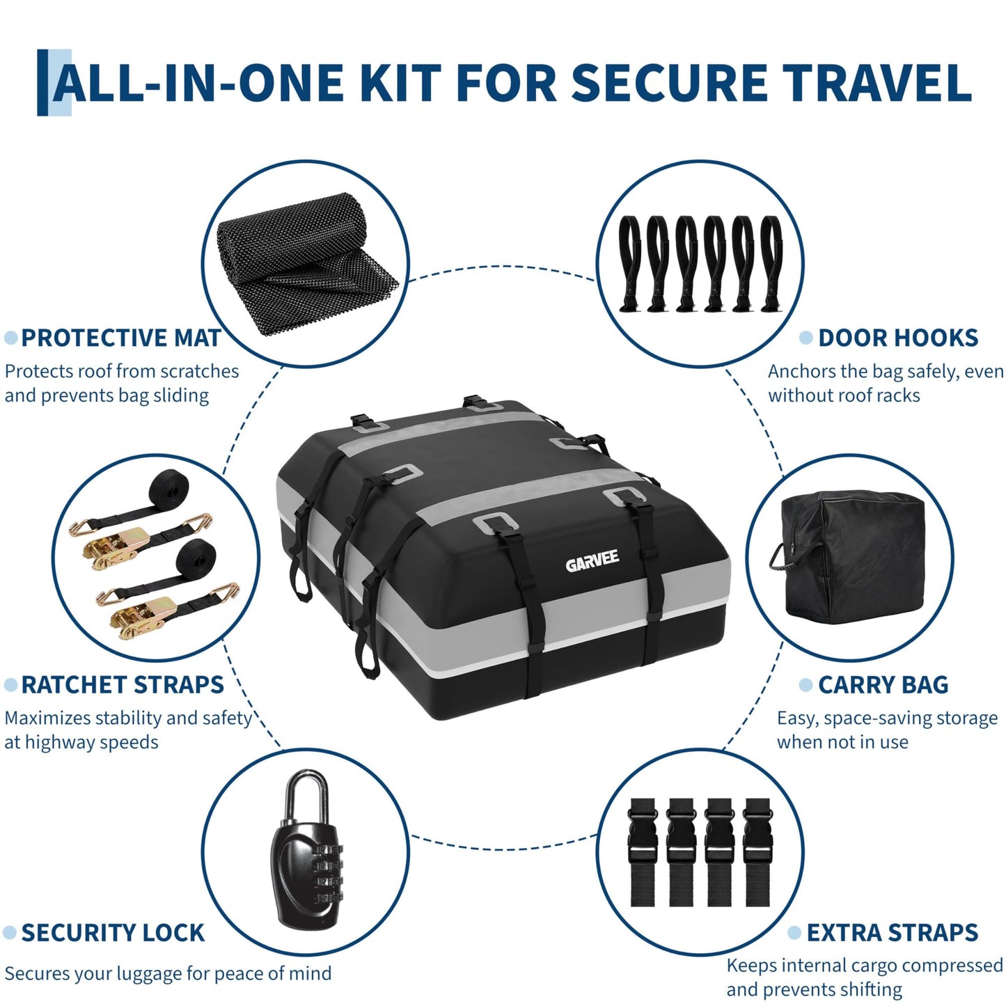 Garvee Car Rooftop Cargo Carrier Bag with Safety Hooks, Anti-Slip Mat, Lock for Cars & SUVs