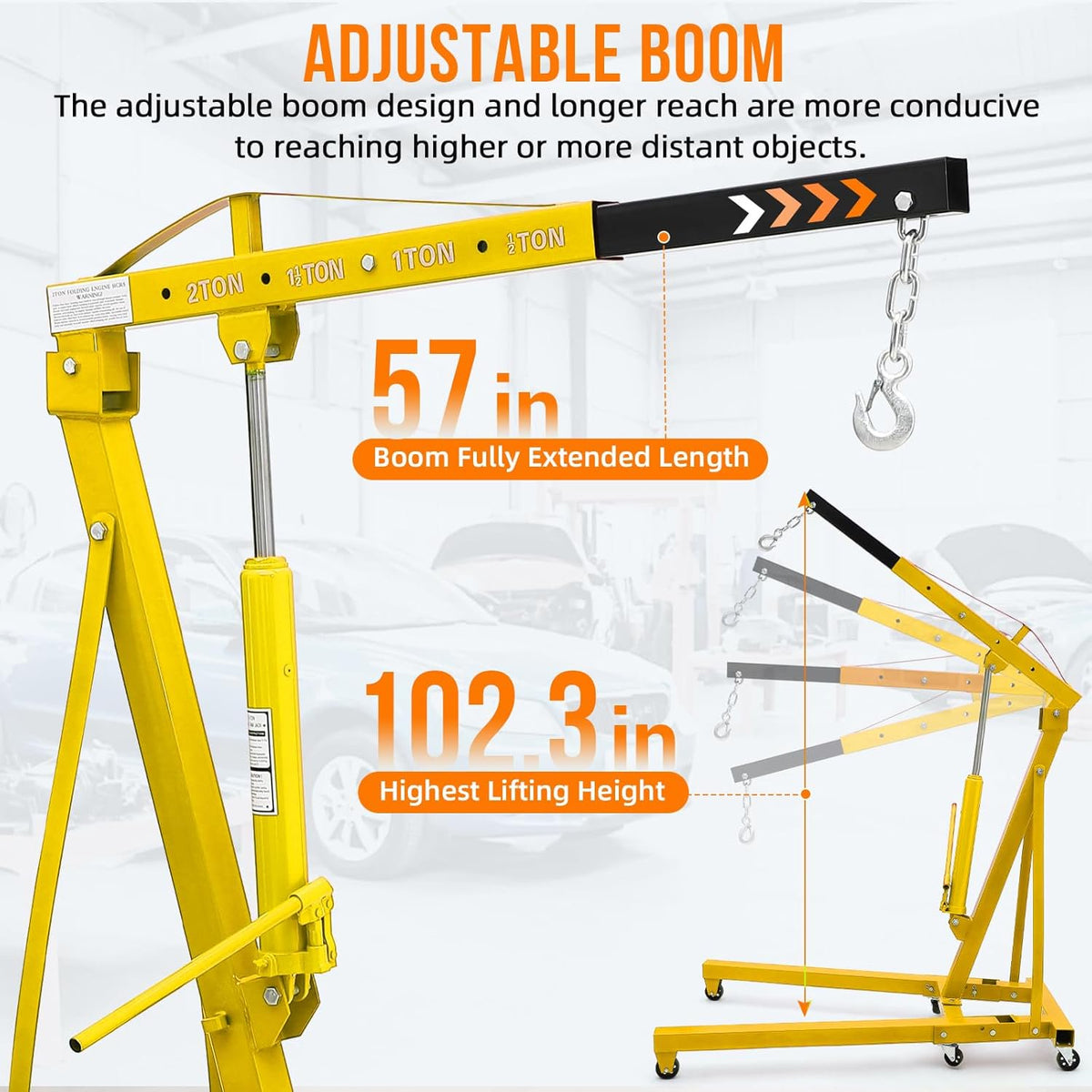 Riedhoff Steel Hydraulic Engine Hoist, 2 Ton Max, Cherry Picker, 4400 lbs, No Lever, Yellow