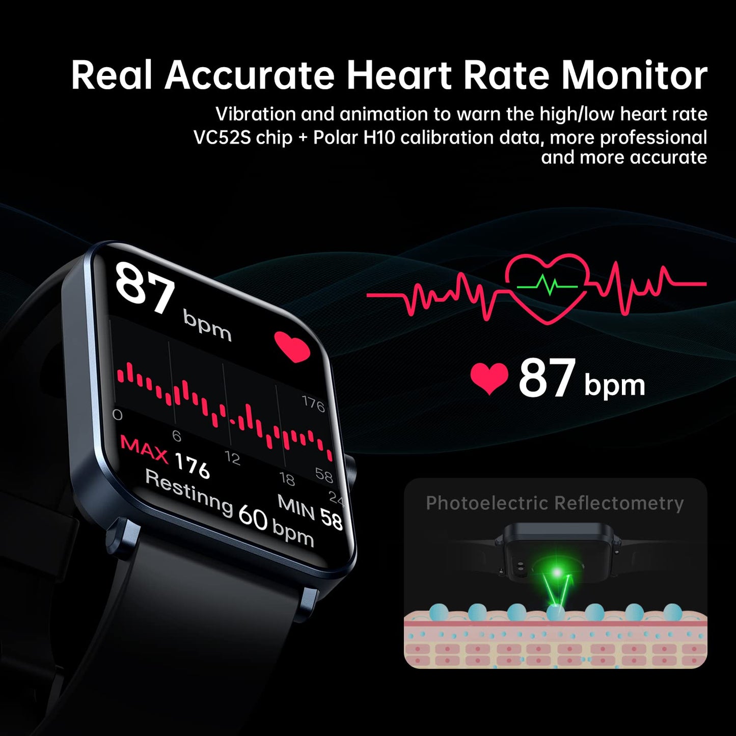 EUKER Smart Watch 1.69 inch  Full Touch Screen Fitness Tracker Black