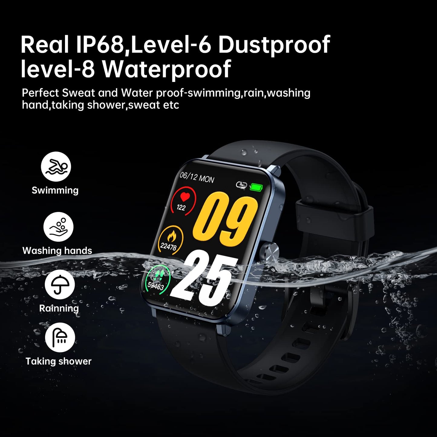 EUKER Smart Watch 1.69 inch  Full Touch Screen Fitness Tracker Black