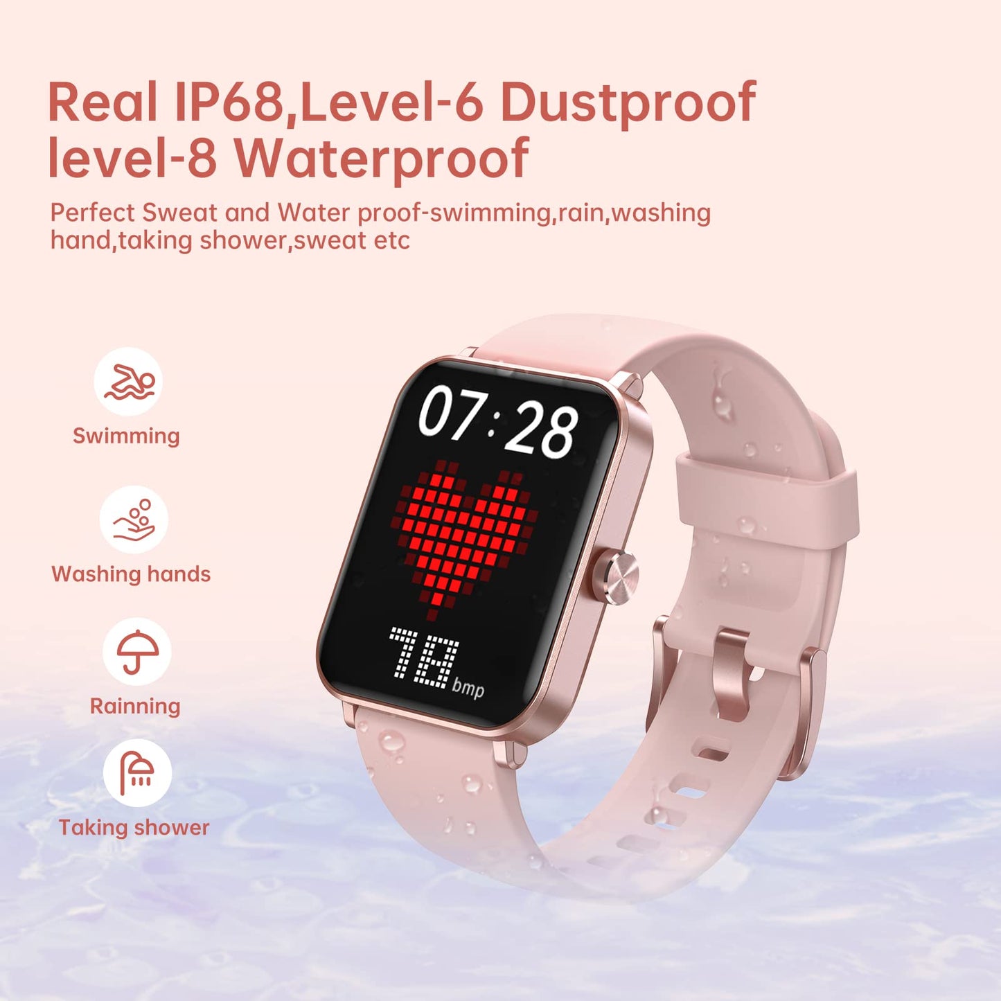 EUKER Smart Watch 1.69 inch  Full Touch Screen Fitness Tracker Pink