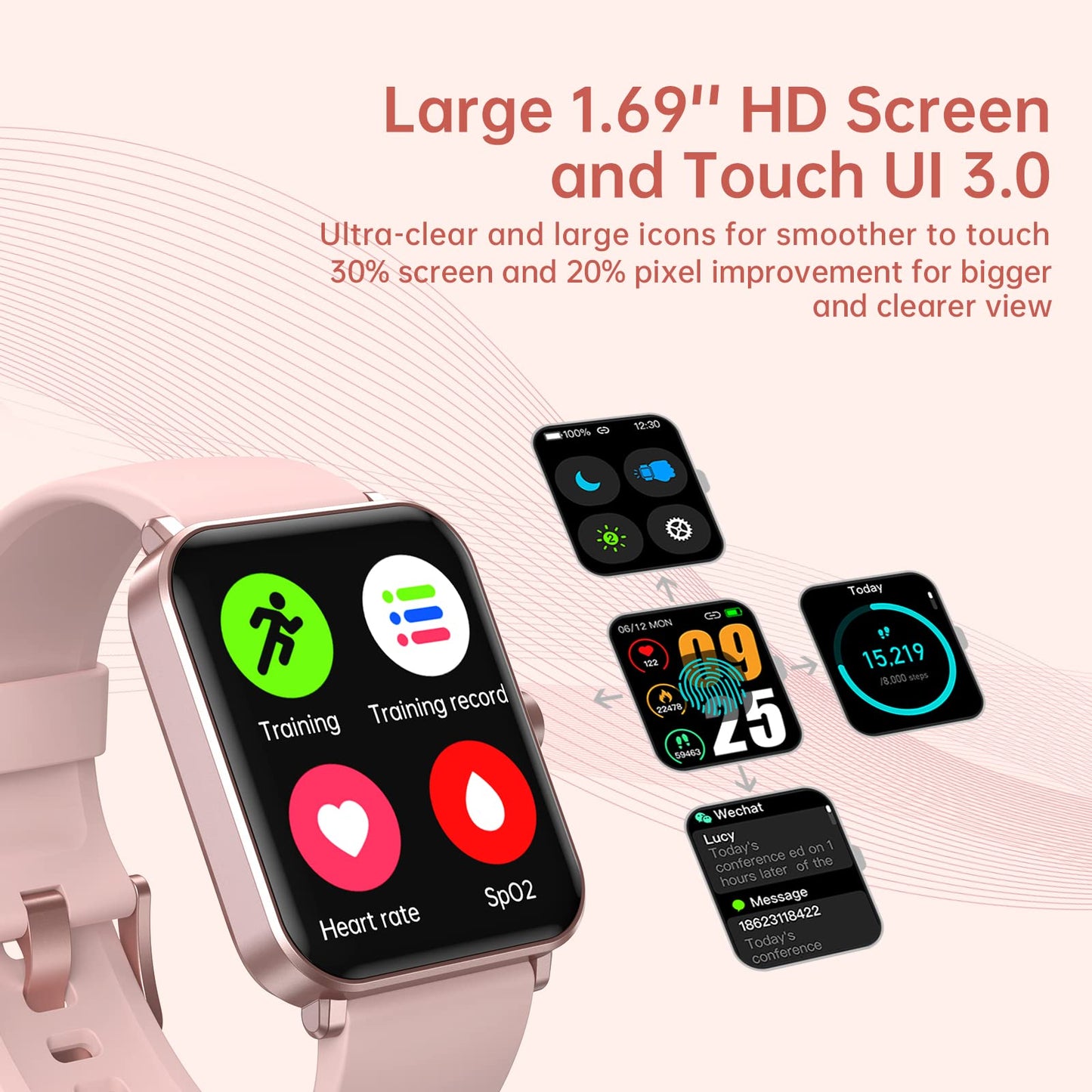 EUKER Smart Watch 1.69 inch  Full Touch Screen Fitness Tracker Pink
