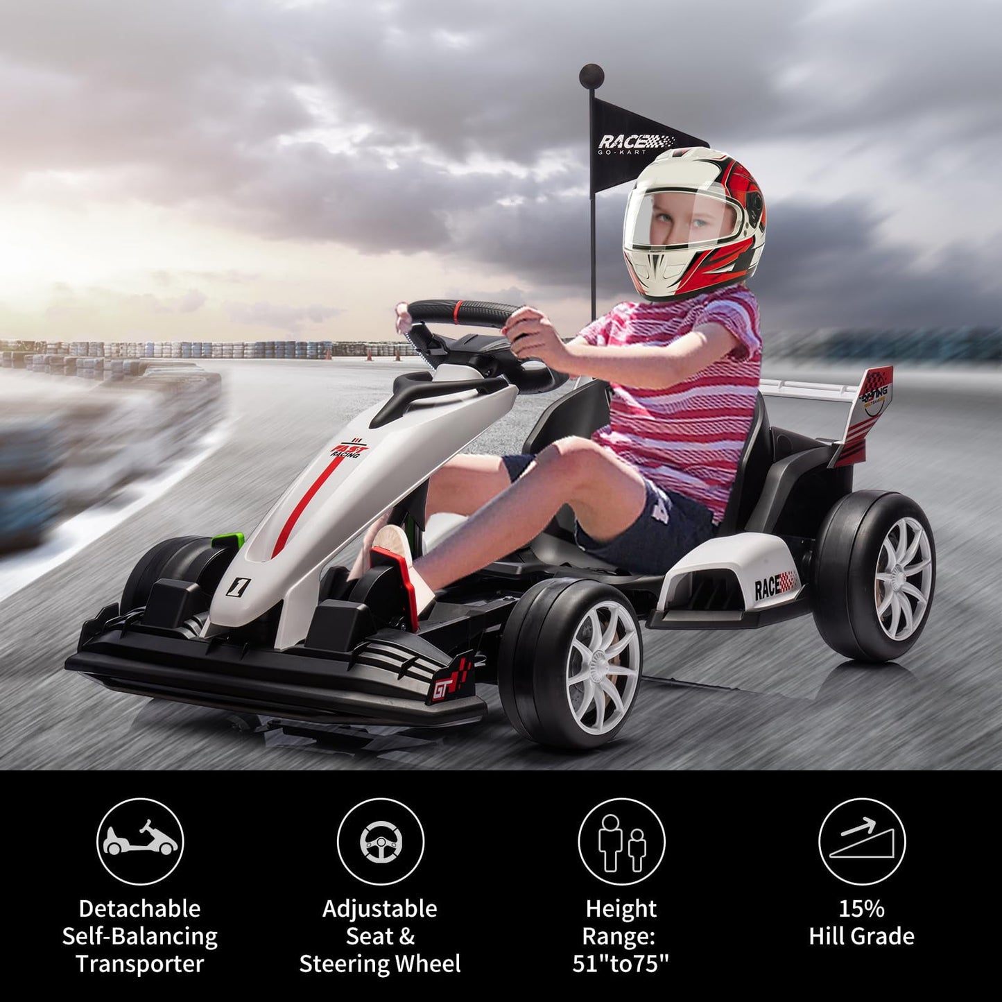 Goldensoil Electric Go Kart, 24V Ride On Toy Drifting Car, Height Range Adjustment 51"to75"
