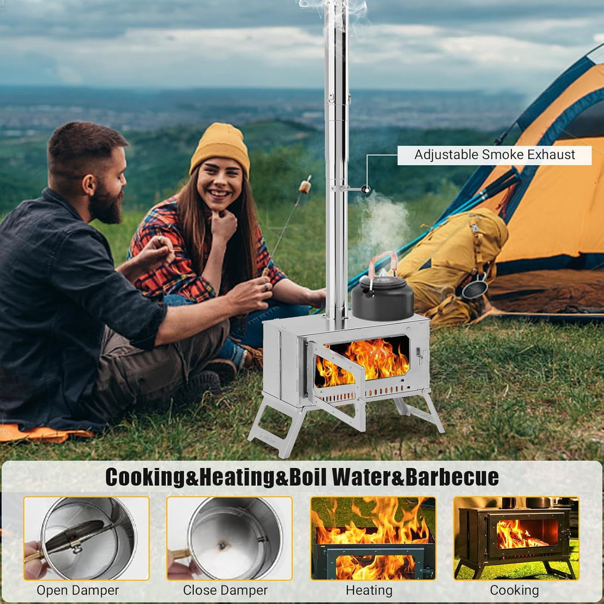 Garvee Hot Tent Stove With View Glass, Wood Burning Stove for Camping, 5 Chimney Pipes, Silver