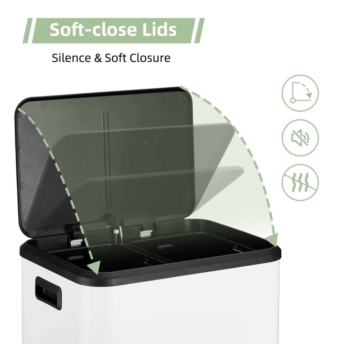 Goldensoil 7.93 Gallon Hands-Free Trash Can, Dual Compartment, with Soft-Close Lid, 2 Inner Buckets, White