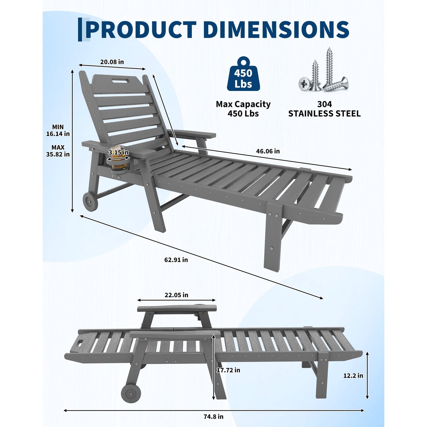 Garvee Outdoor Chaise Lounge 5 Position Adjustable with Rolling Wheels and Cup Holder