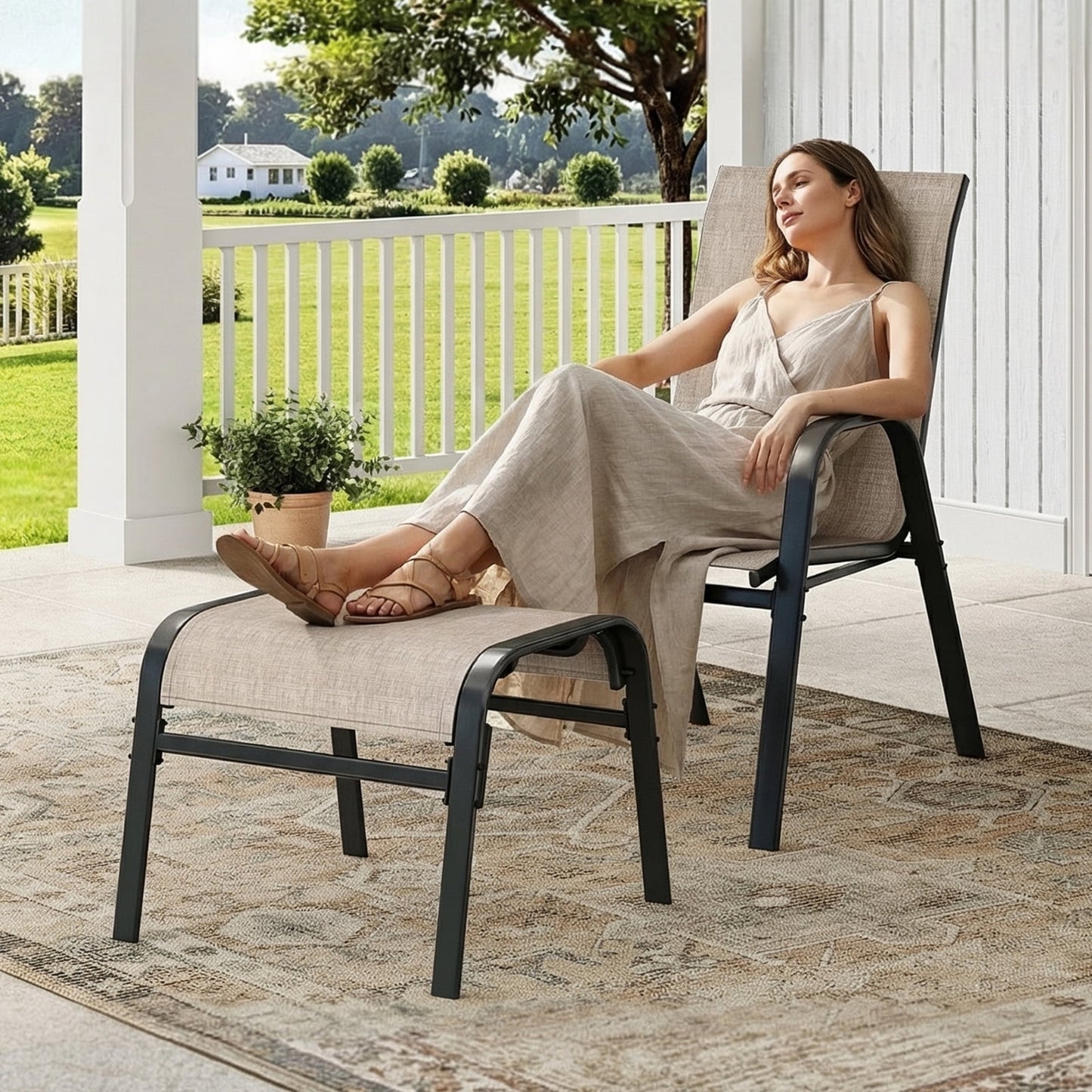 Garvee Stackable Outdoor Ottomans Set of 2,All-Weather Textilene Foot Stool with Metal Frame
