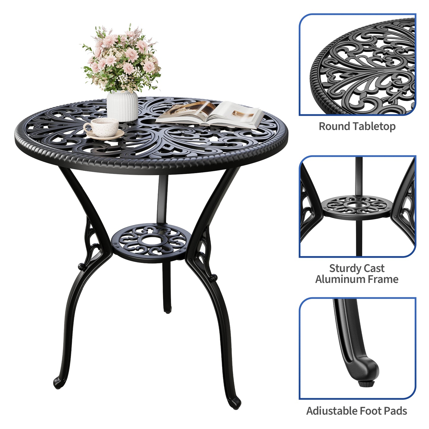 Riedhoff Outdoor Patio Dining Table with 1.85 inch Umbrella Hole, 23.2 x 23.2 x 26", Cast Aluminum