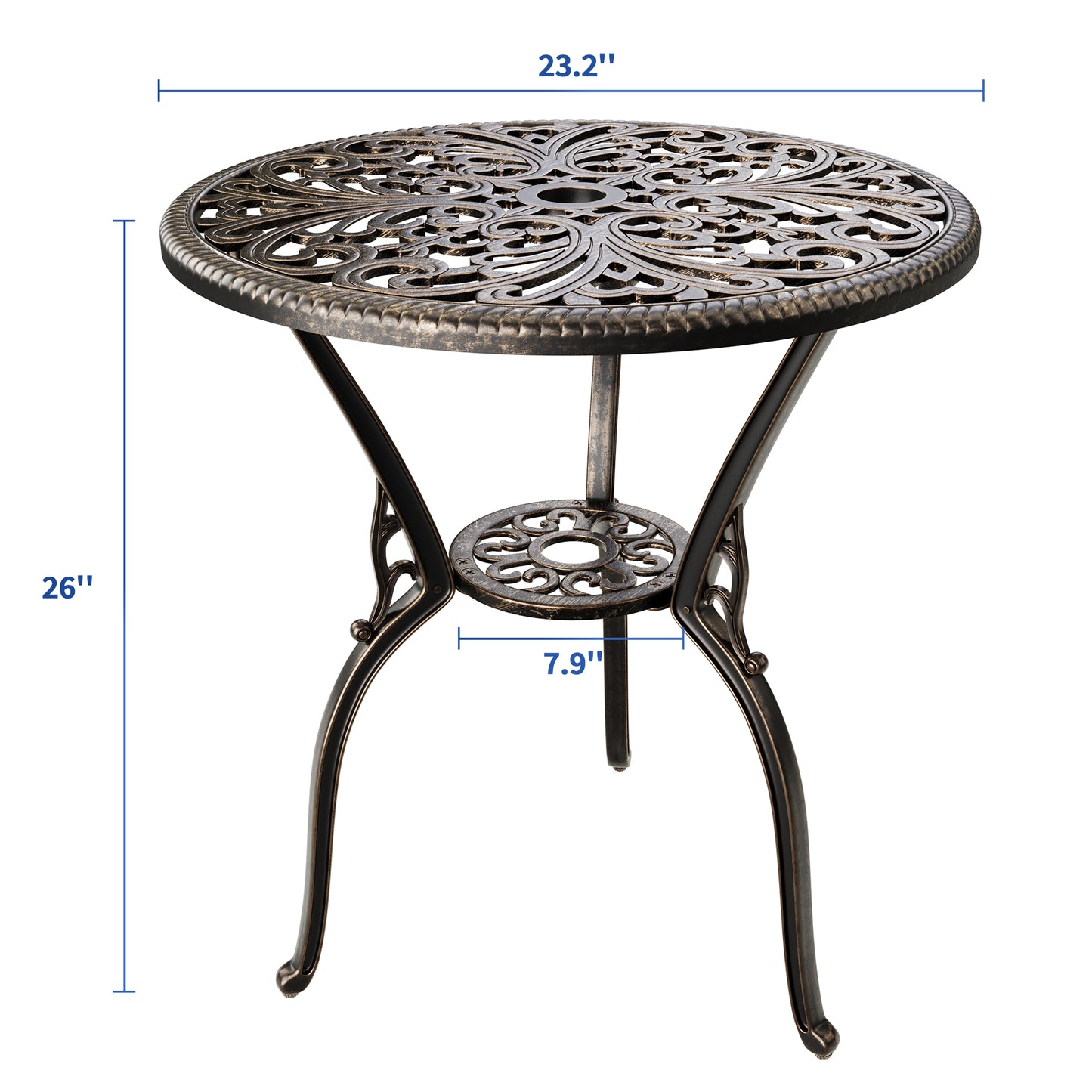 Riedhoff Outdoor Patio Dining Table with 1.85 inch Umbrella Hole, 23.2 x 23.2 x 26", Cast Aluminum