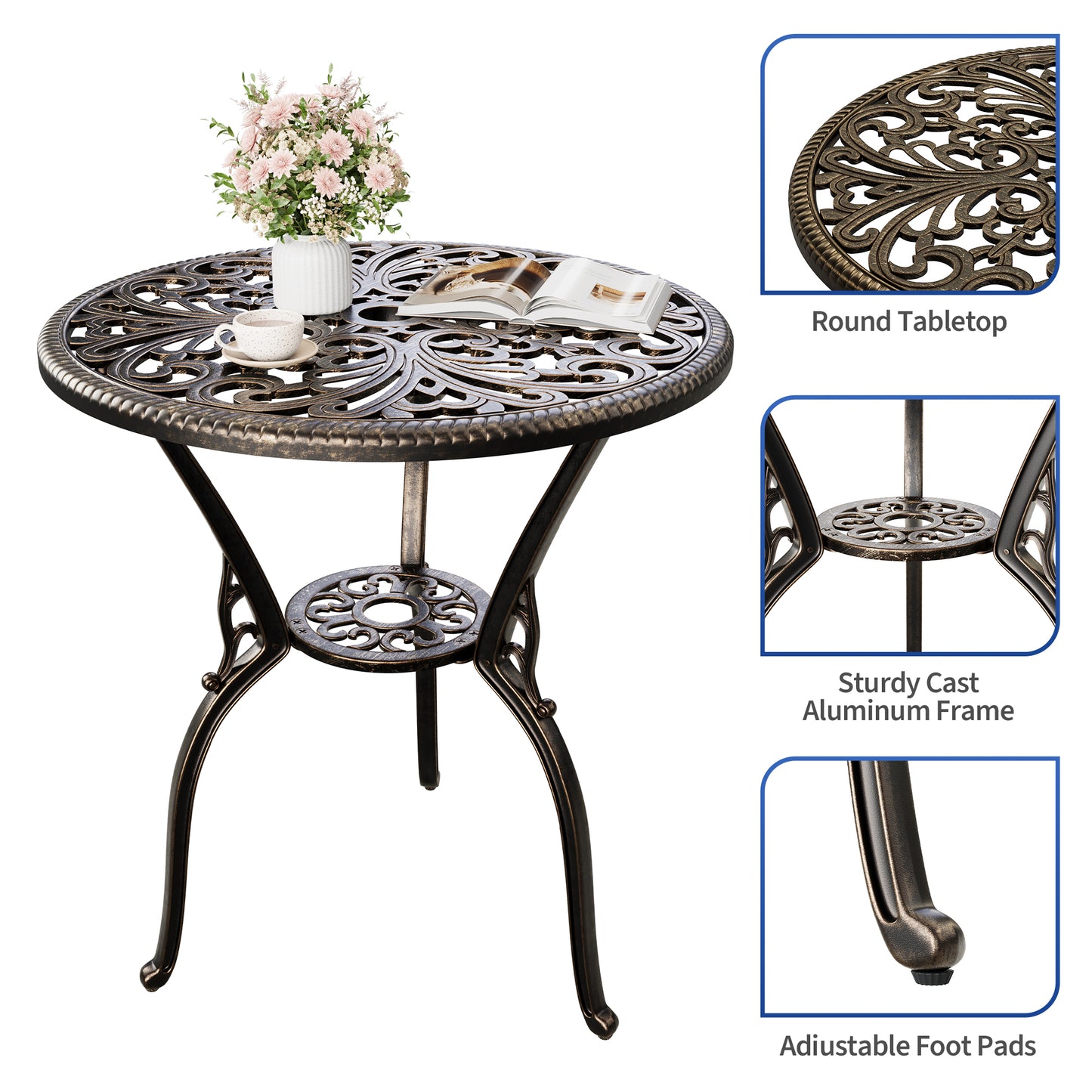 Riedhoff Outdoor Patio Dining Table with 1.85 inch Umbrella Hole, 23.2 x 23.2 x 26", Cast Aluminum
