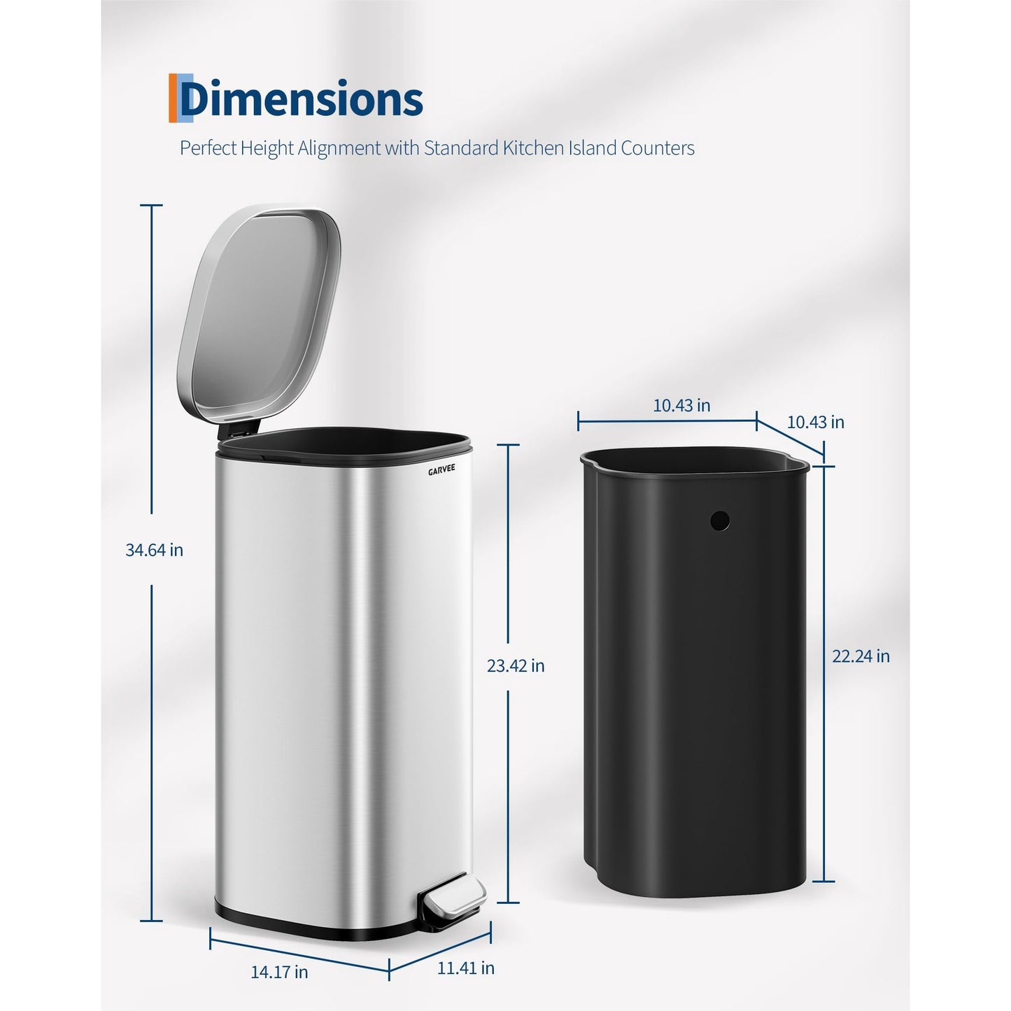Garvee 8 Gallon and 1.6 Gallon Round Stainless Steel Step on Trash Can Combo Set for Kitchen, Silver