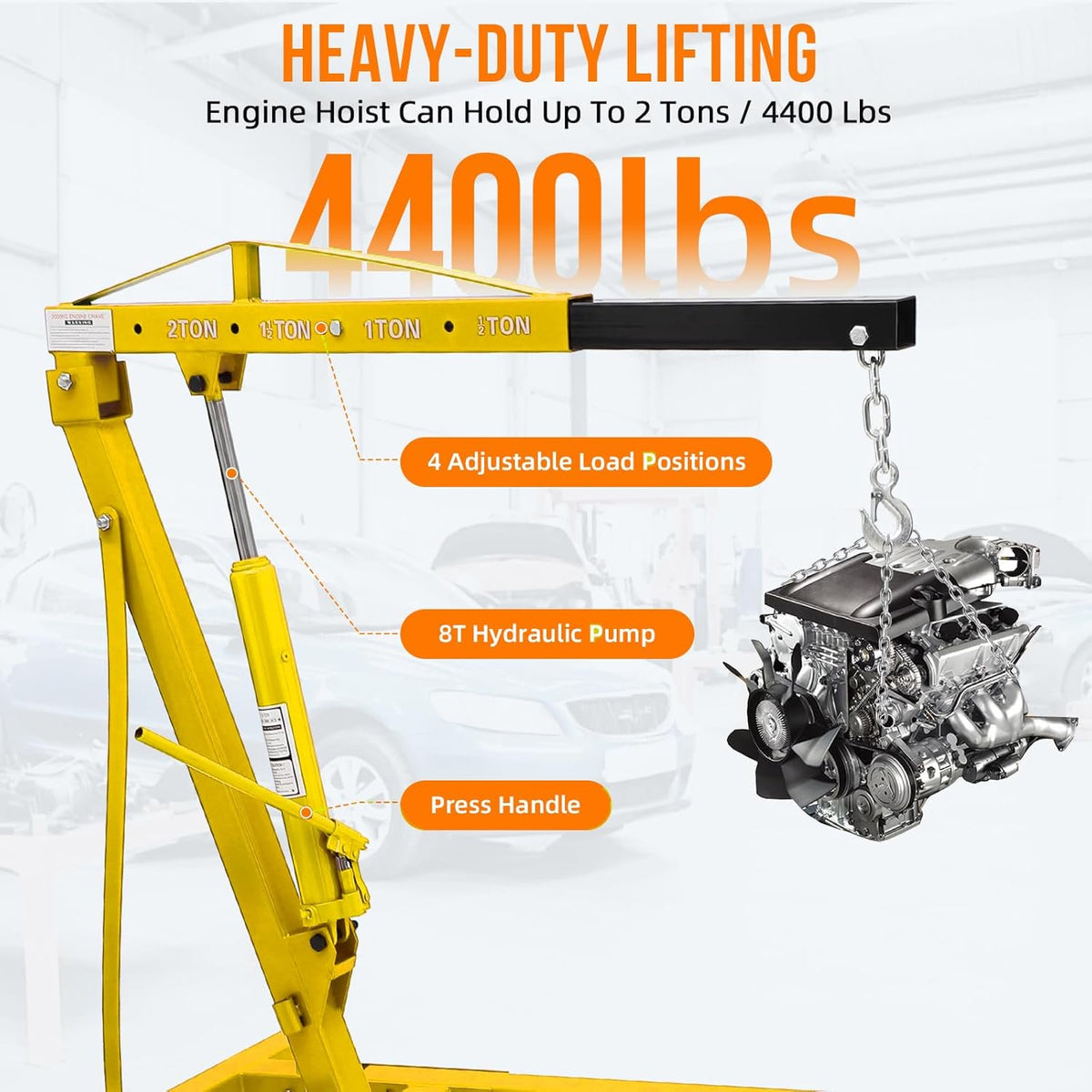 Riedhoff Steel Hydraulic Engine Hoist, 2 Ton Max, Cherry Picker, 4400 lbs, No Lever, Yellow