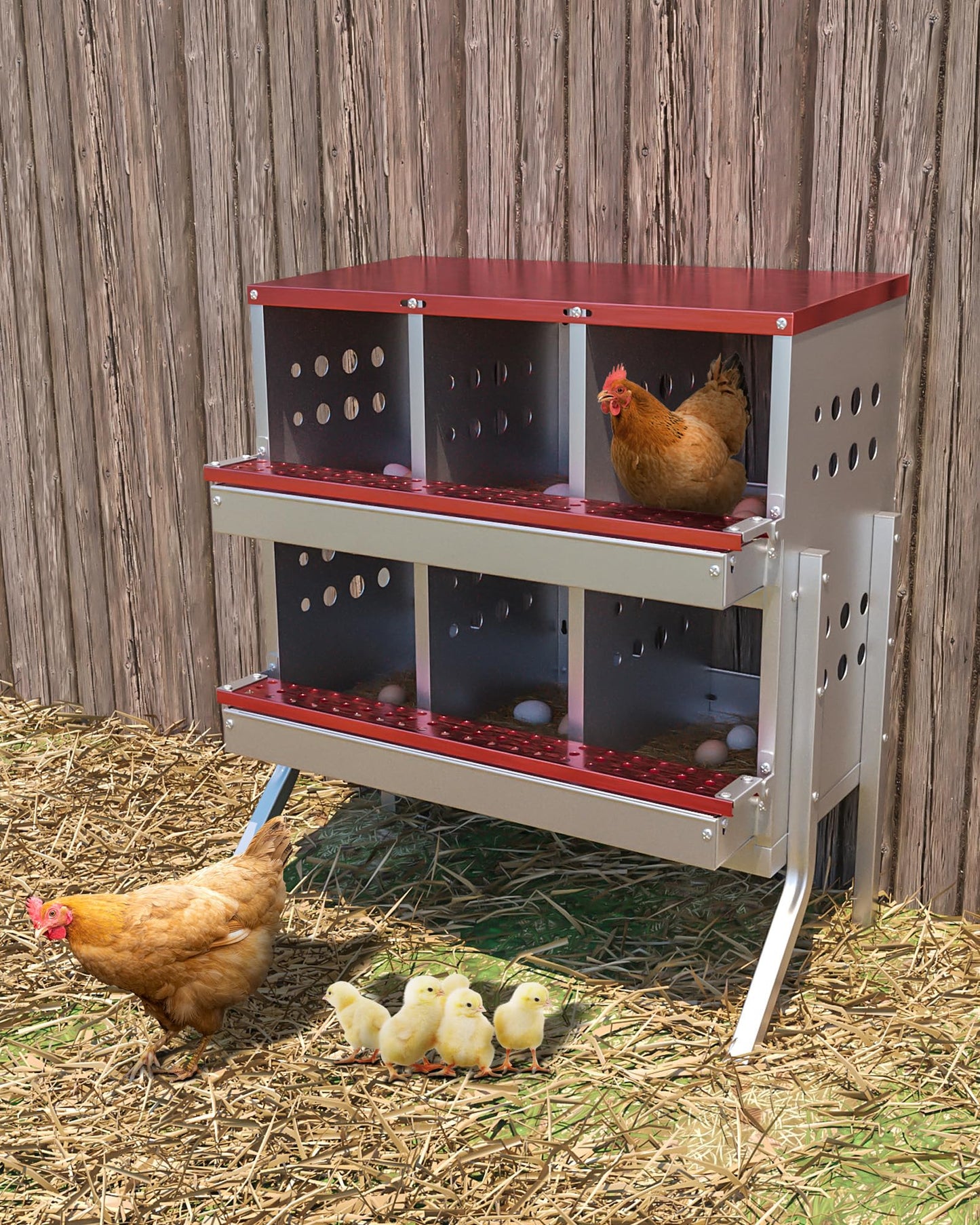 Goldensoil 6 Compartments Metal Chicken Nesting Box Hen Laying Boxes Roll Away Nesting Box,Red