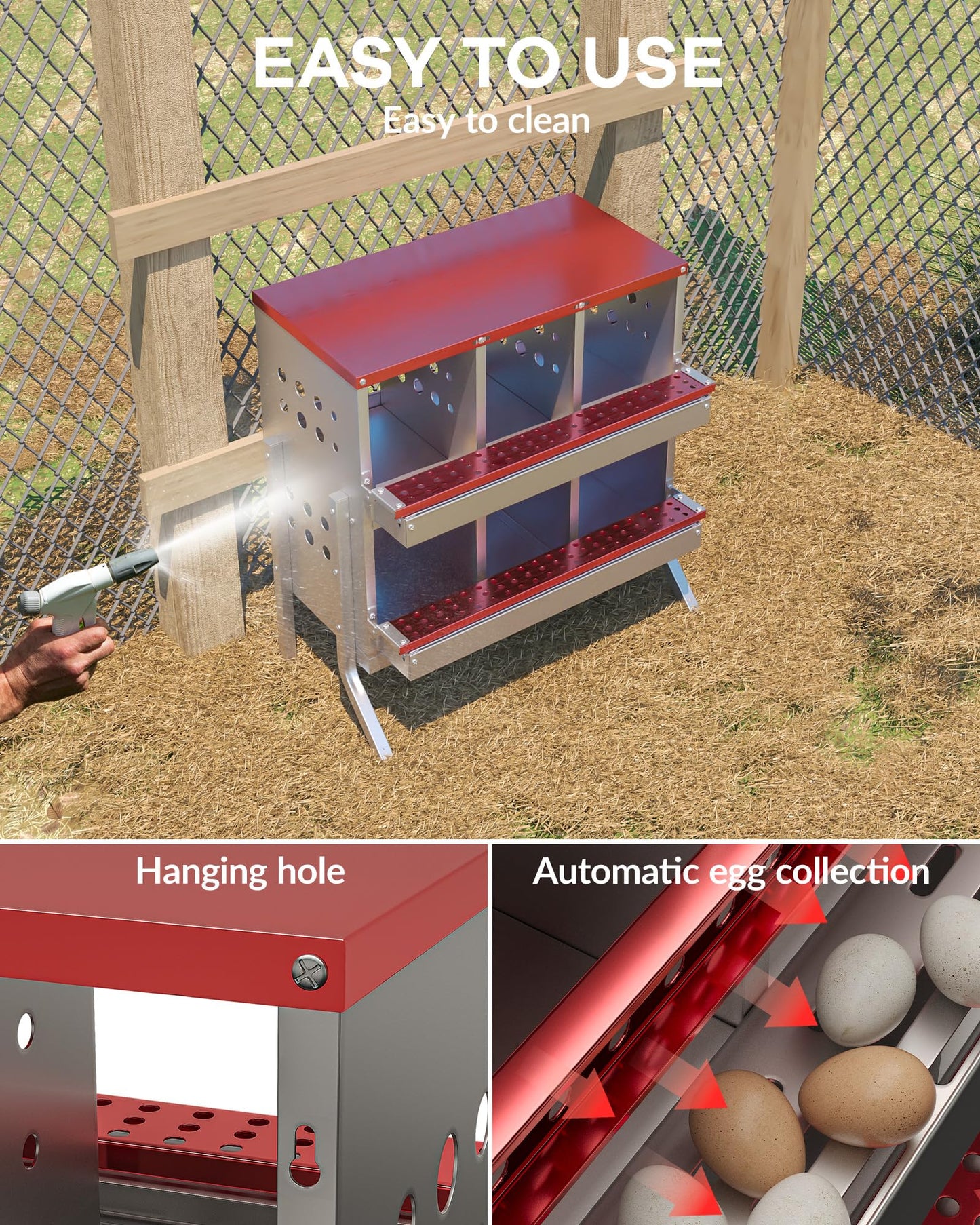 Goldensoil 6 Compartments Metal Chicken Nesting Box Hen Laying Boxes Roll Away Nesting Box,Red
