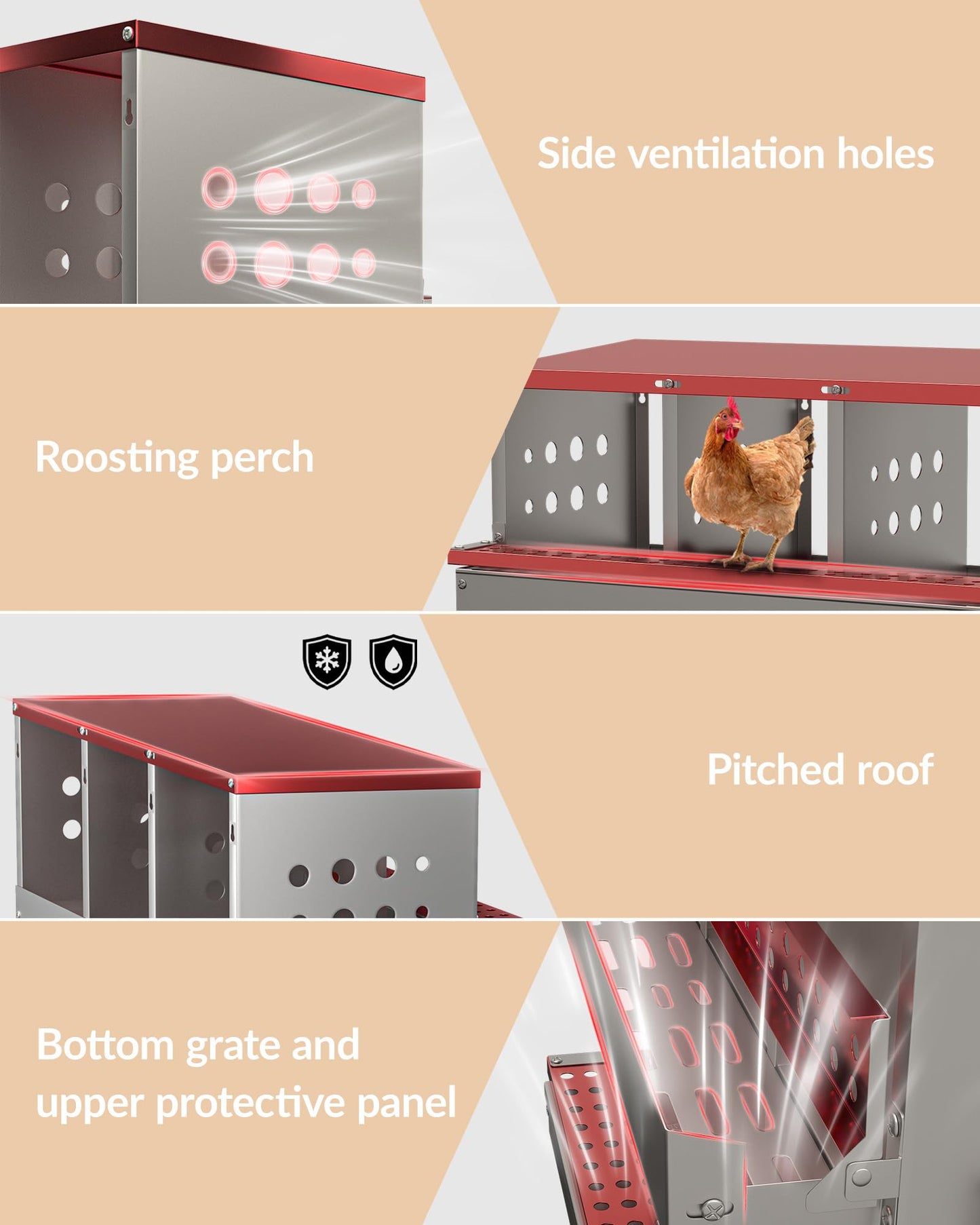 Goldensoil 6 Compartments Metal Chicken Nesting Box Hen Laying Boxes Roll Away Nesting Box,Red