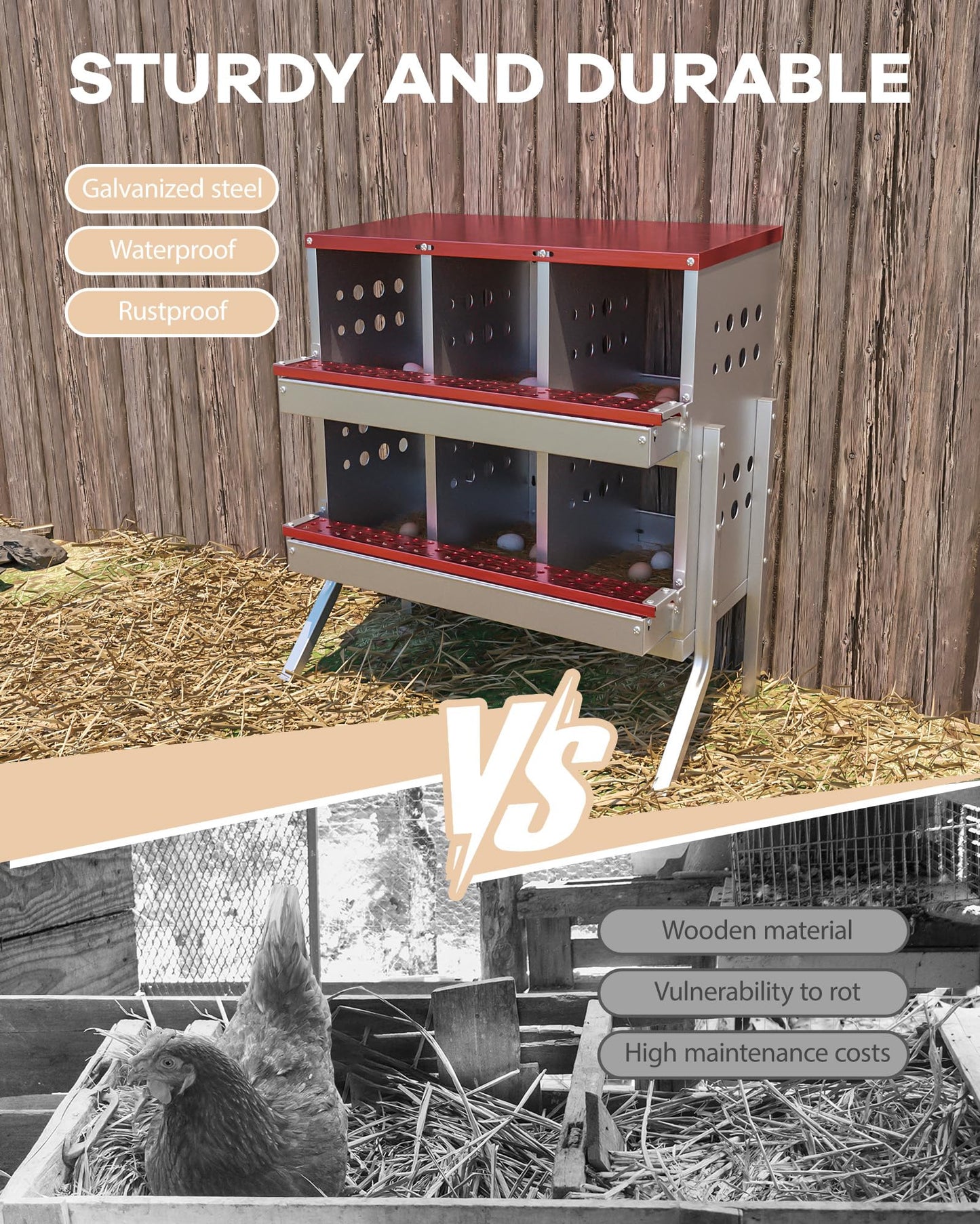 Goldensoil 6 Compartments Metal Chicken Nesting Box Hen Laying Boxes Roll Away Nesting Box,Red