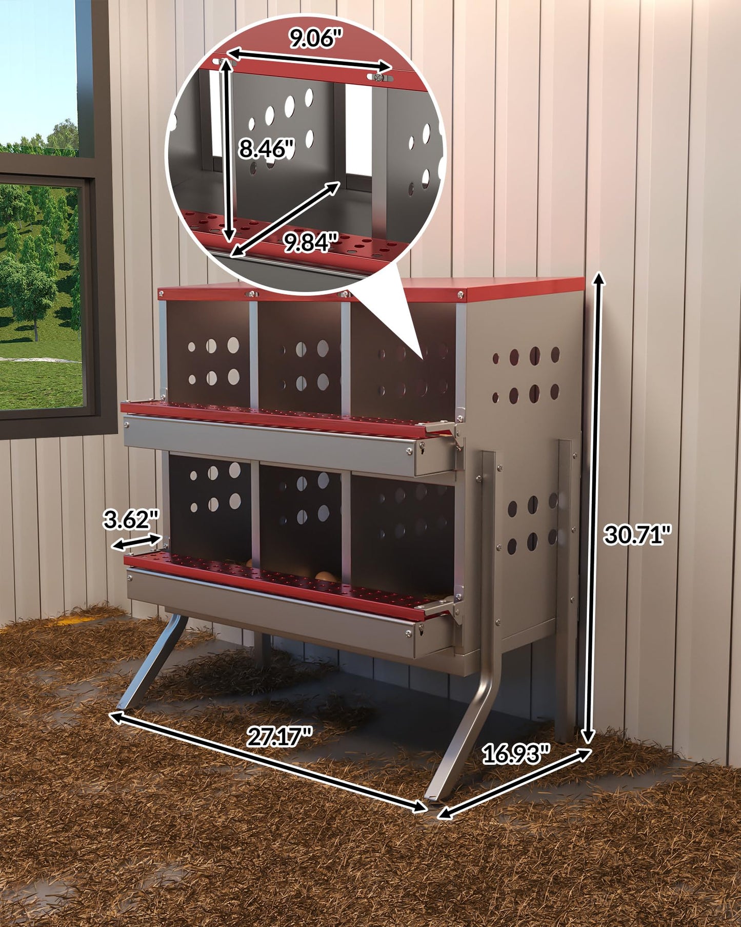 Goldensoil 6 Compartments Metal Chicken Nesting Box Hen Laying Boxes Roll Away Nesting Box,Red