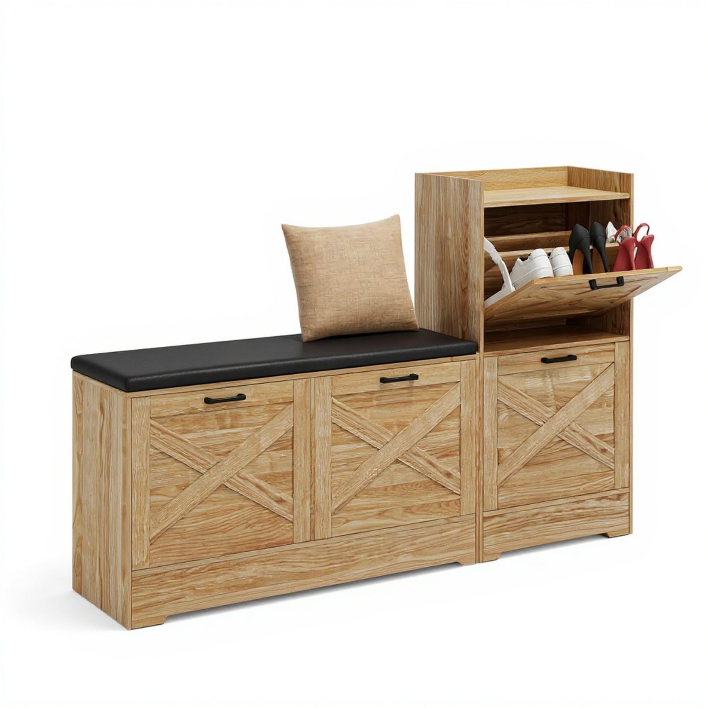 Garvee Shoe Storage Bench, 68.5 x 11.8 x 36.4", with 4 Flip Drawers & Padded Seat Cushion, Oak