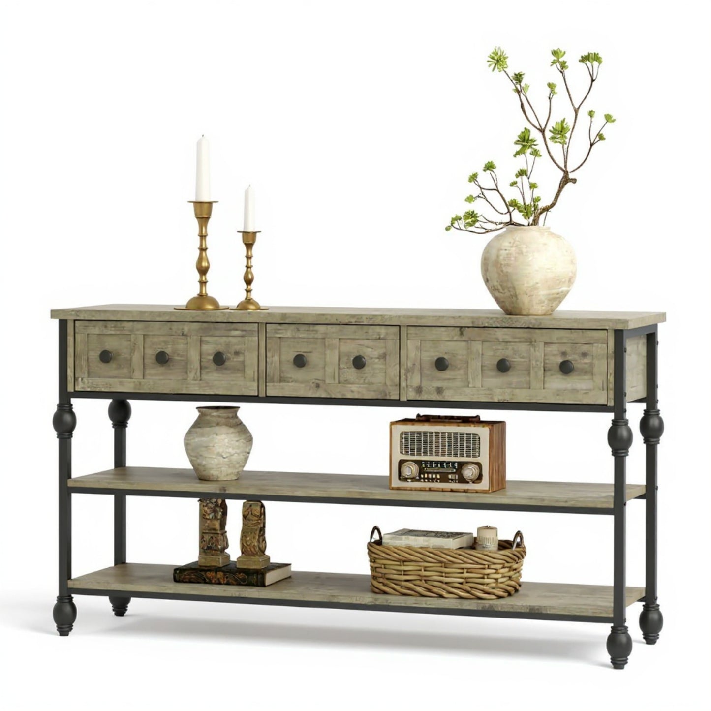 Garvee Console Sofa Table with 3 Drawers, 3-Tier Storage Shelves, 52.56 x 11.81 x 28.54", Gray