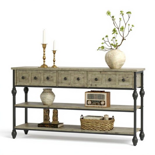 Garvee Console Sofa Table with 3 Drawers, 3-Tier Storage Shelves, 52.56 x 11.81 x 28.54", Gray