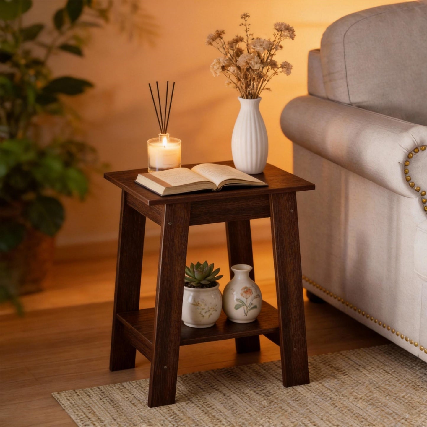 Garvee Farmhouse 2 Tiers End Table, with Storage Shelves