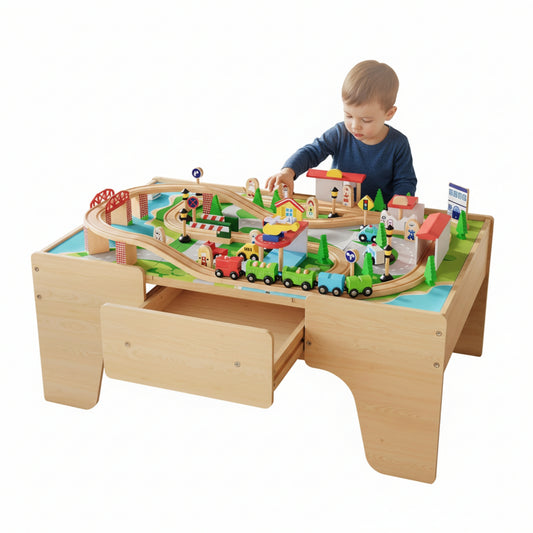 Garvee Wooden Train Table, 84 Piece Set with 1 Storage Bin, 38.2 x 24.6 x 15.6 Inch, for Toddlers 3+