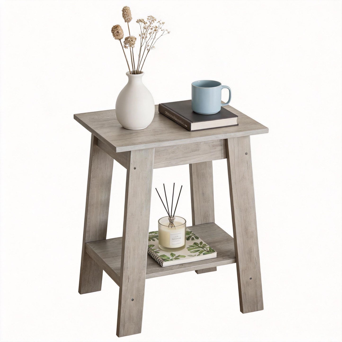 Garvee Farmhouse 2 Tiers End Table, with Storage Shelves