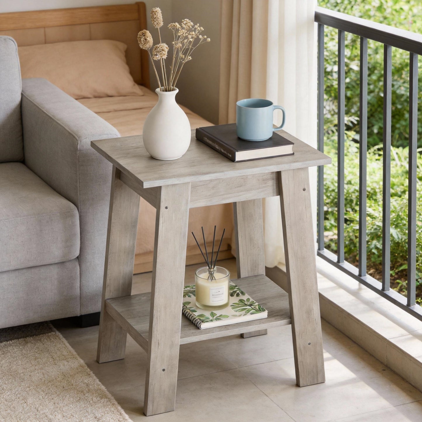 Garvee Farmhouse 2 Tiers End Table, with Storage Shelves