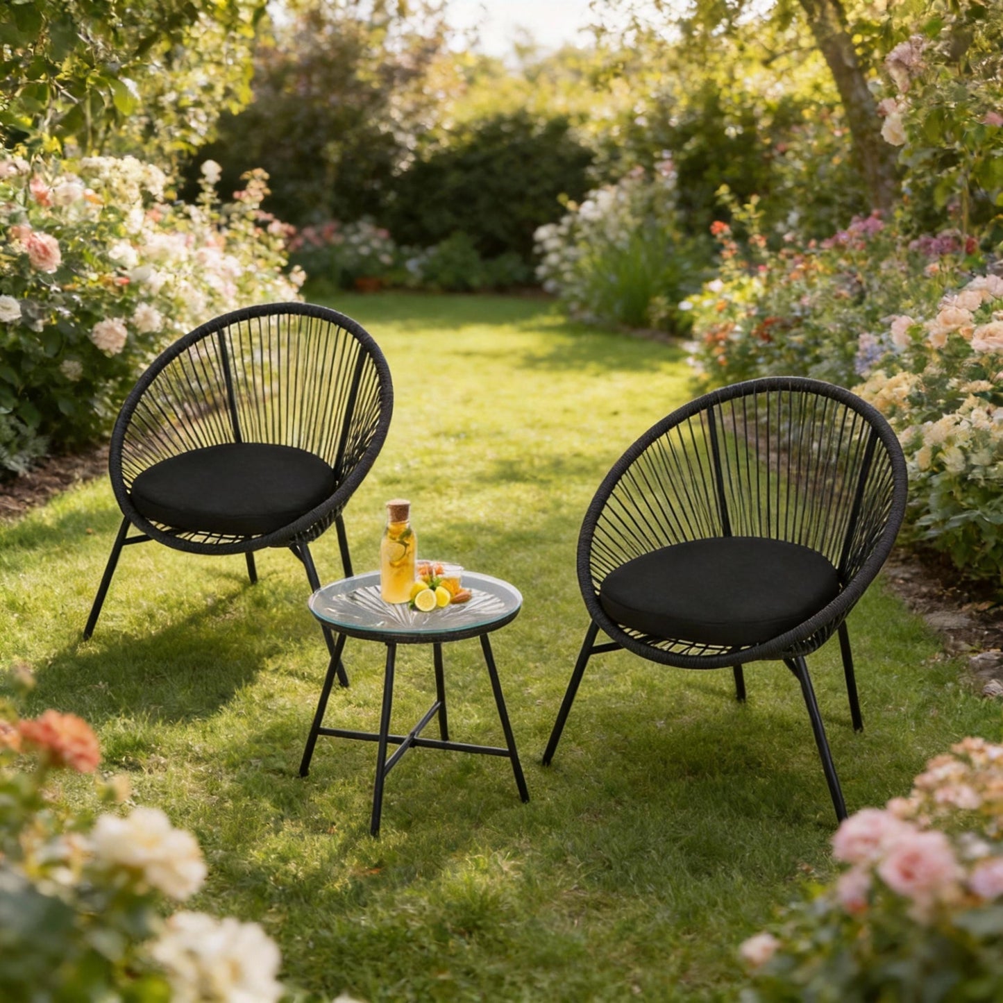 Garvee 3 Piece Patio Bistro Set, Acapulco Chairs with Cushions & Glass Top Side Table, Black