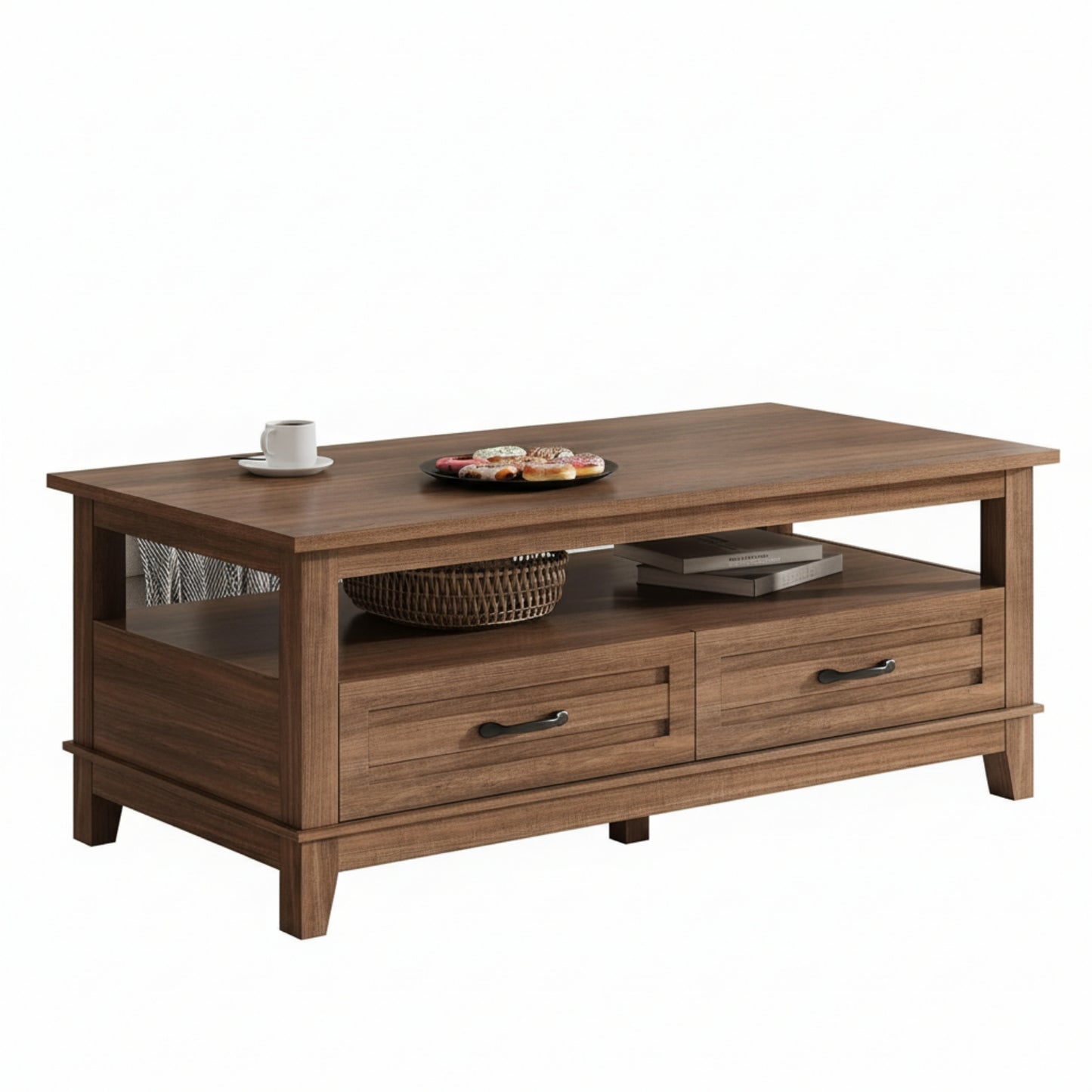 Garvee Farmhouse Coffee Table with 2 Drawers, 47.24 x 23.62 x 19", Open Shelf
