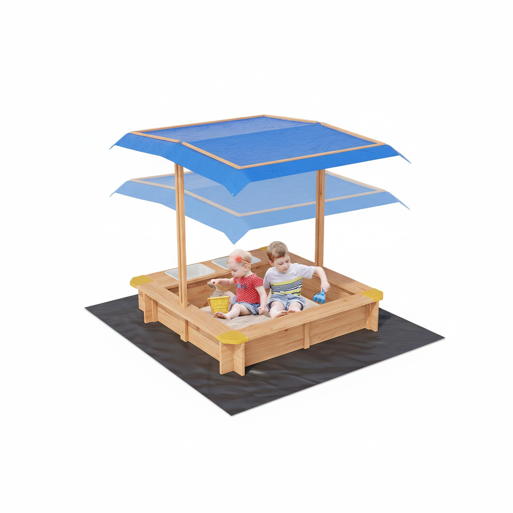 Garvee Kids Wooden Sandbox With 2 Plastic Boxes, Adjustable Canopy, Bottom Liner, 39.3 x 26.7"