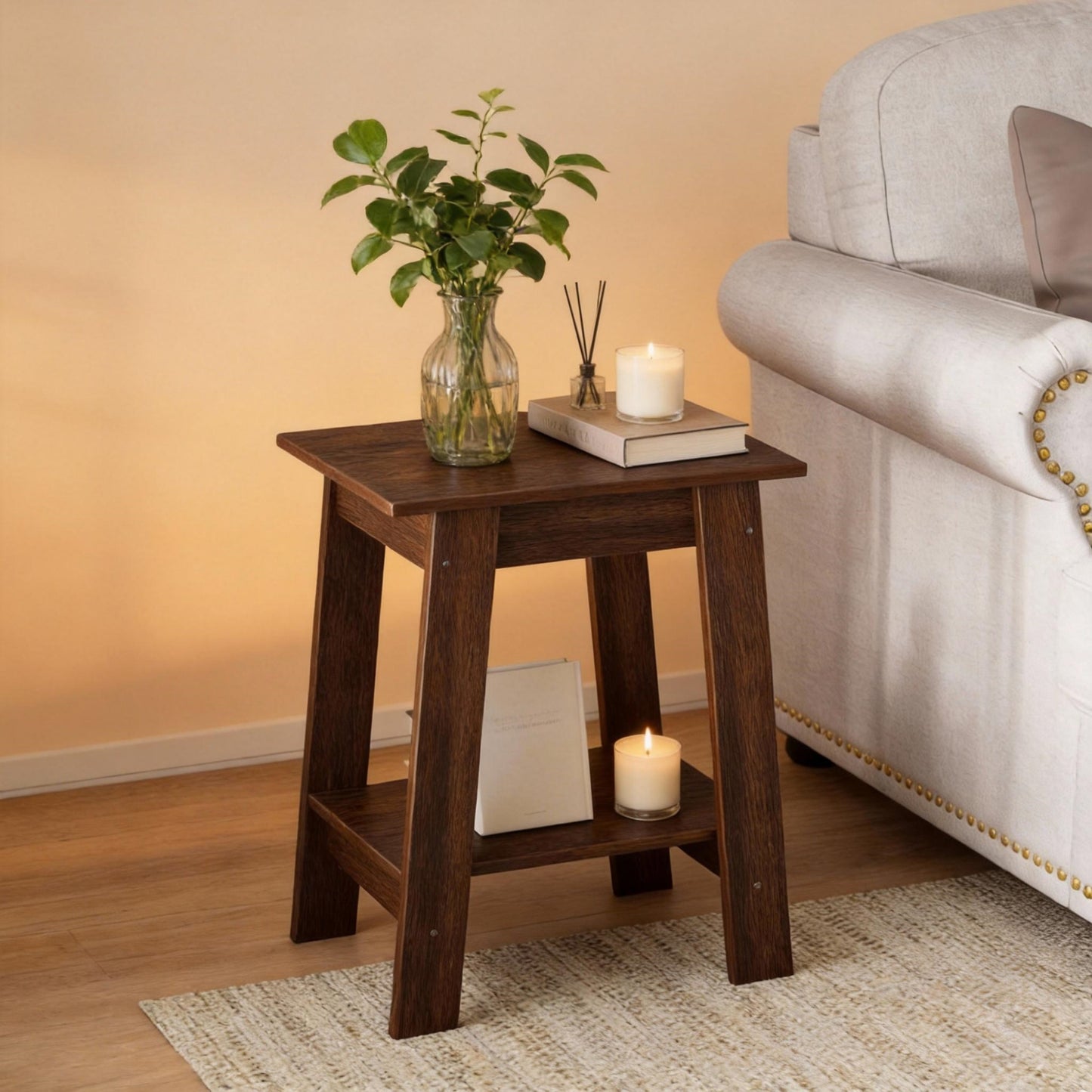 Garvee Farmhouse 2 Tiers End Table, with Storage Shelves
