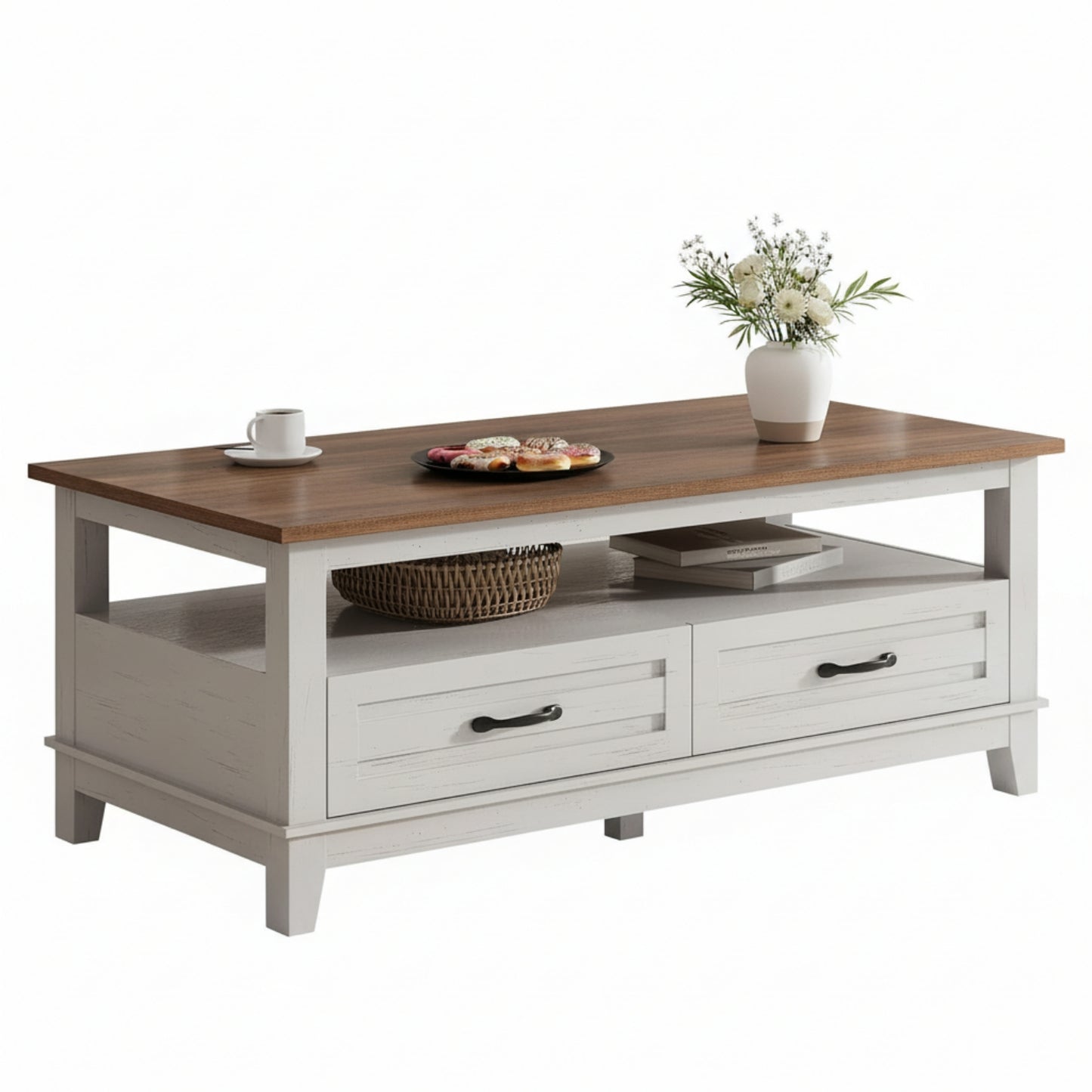 Garvee Farmhouse Coffee Table with 2 Drawers, 47.24 x 23.62 x 19", Open Shelf