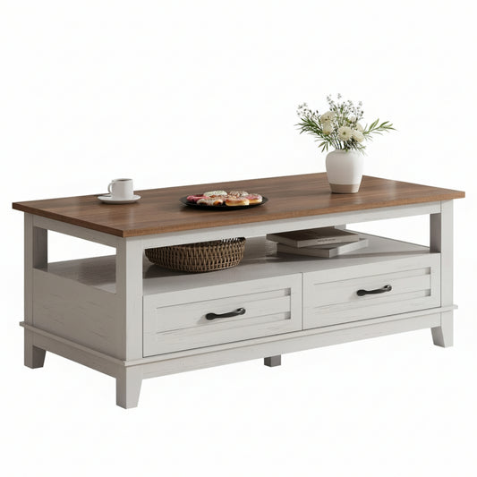 Garvee Farmhouse Coffee Table with 2 Drawers, 47.24 x 23.62 x 19", Open Shelf