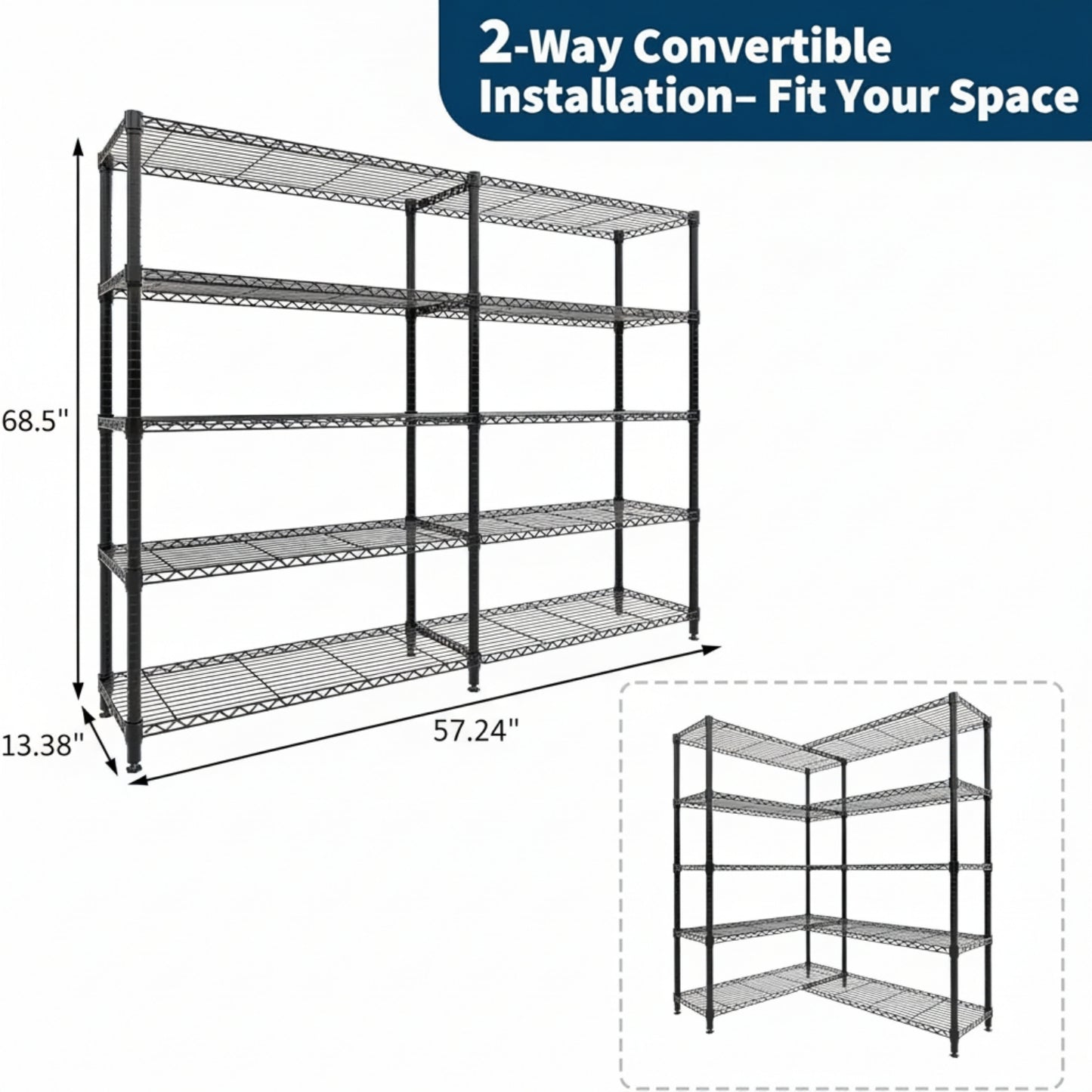 Garvee Metal Storage Shelves, Adjustable, H / L-shaped Shelf, Black