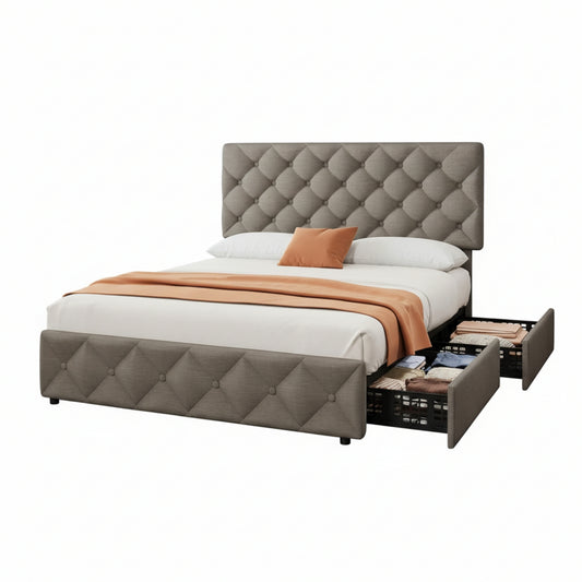 GARVEE Bed Frame with 4 Storage Drawers & Adjustable Headboard