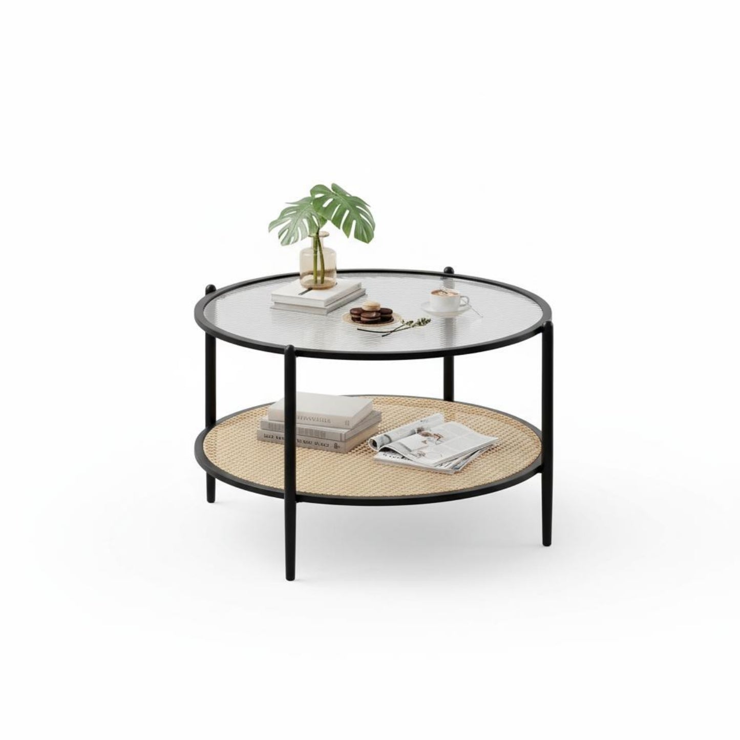 Garvee 2-Tier 30 inch Round Rattan Coffee Table with Storage