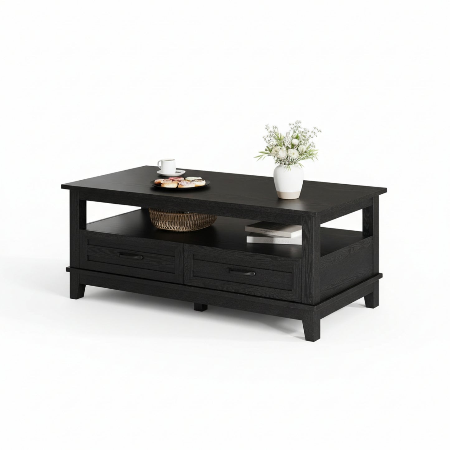 Garvee Farmhouse Coffee Table with 2 Drawers, 47.24 x 23.62 x 19", Open Shelf