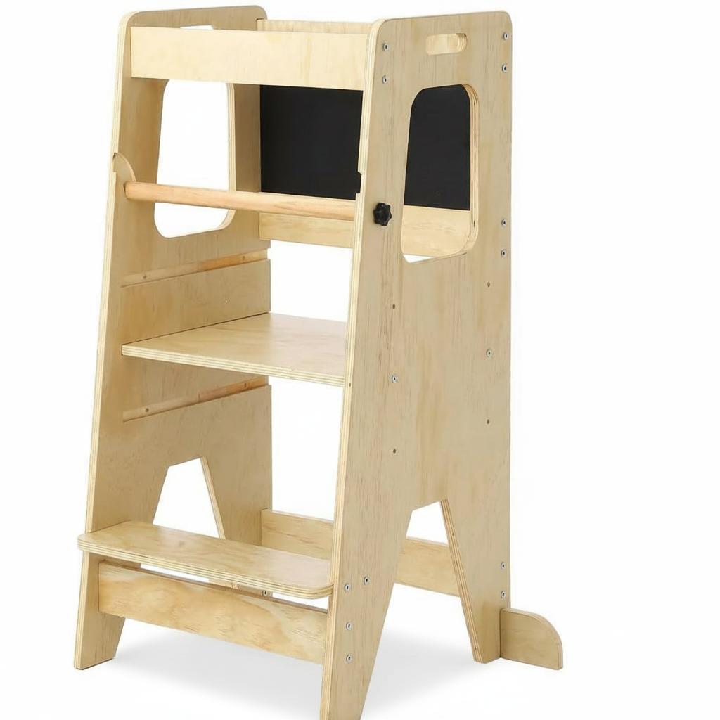 Garvee Kids Kitchen Step Stool, 17.32 x 16.54 x 35.43", 3 Height Adjustable with Safety Guardrail, Oak