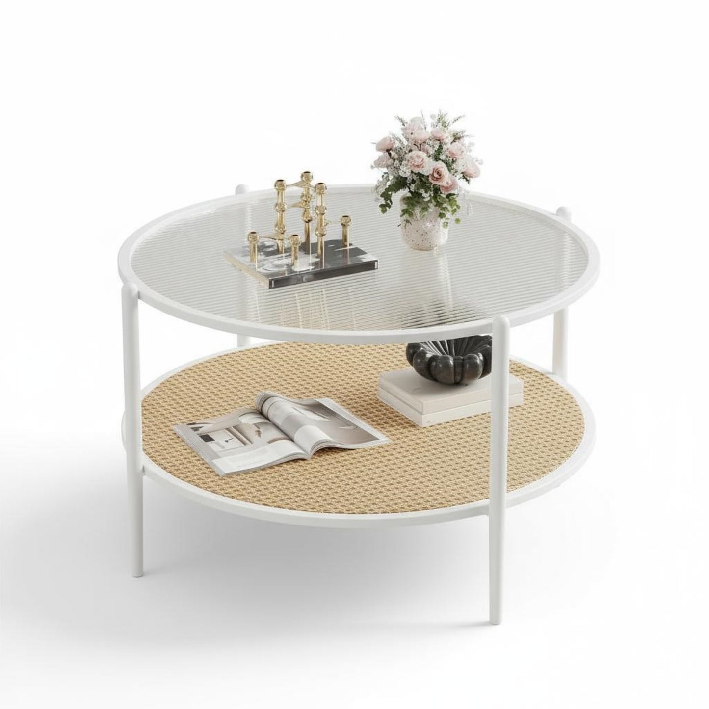 Garvee 2-Tier 30 inch Round Rattan Coffee Table with Storage