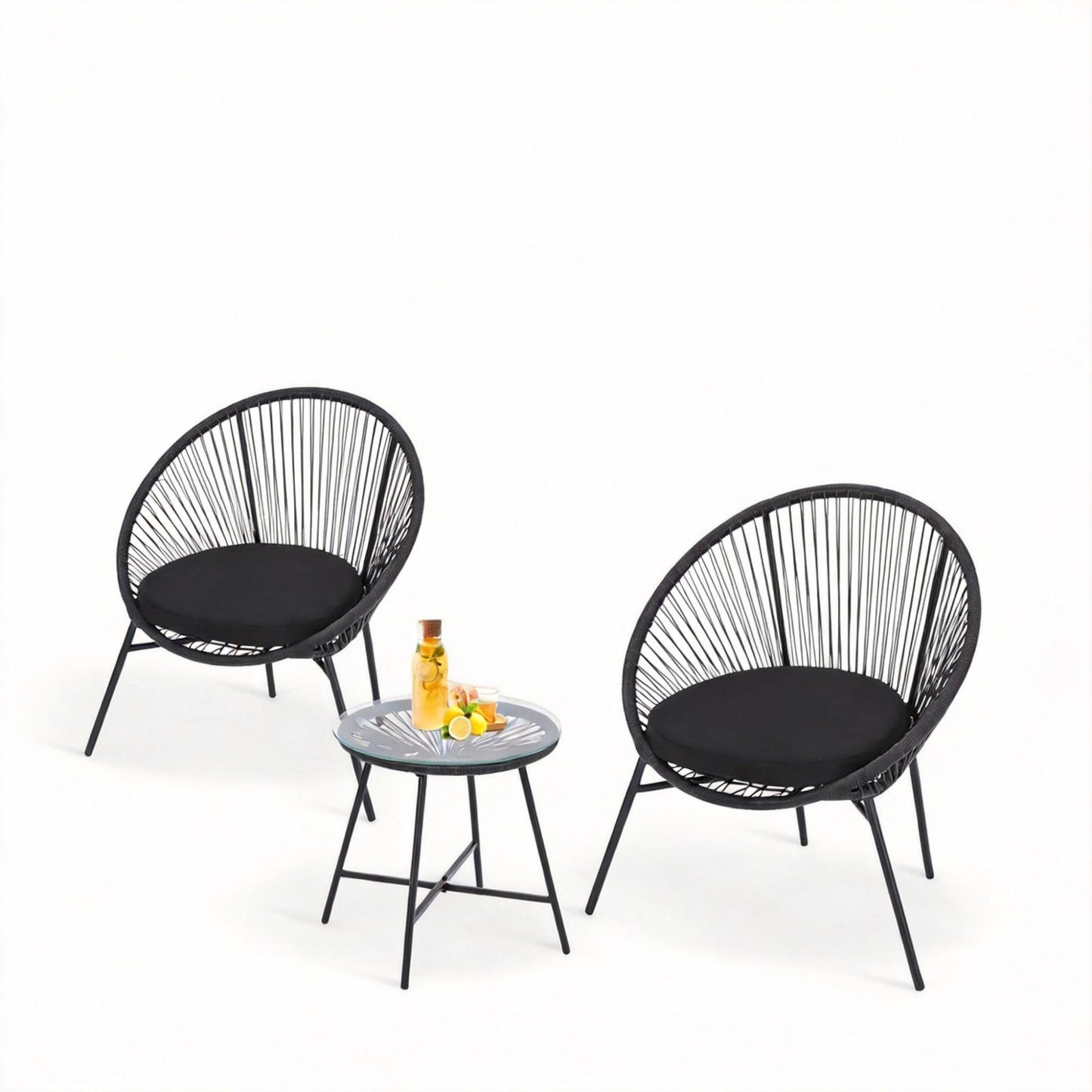 Garvee 3 Piece Patio Bistro Set, Acapulco Chairs with Cushions & Glass Top Side Table, Black