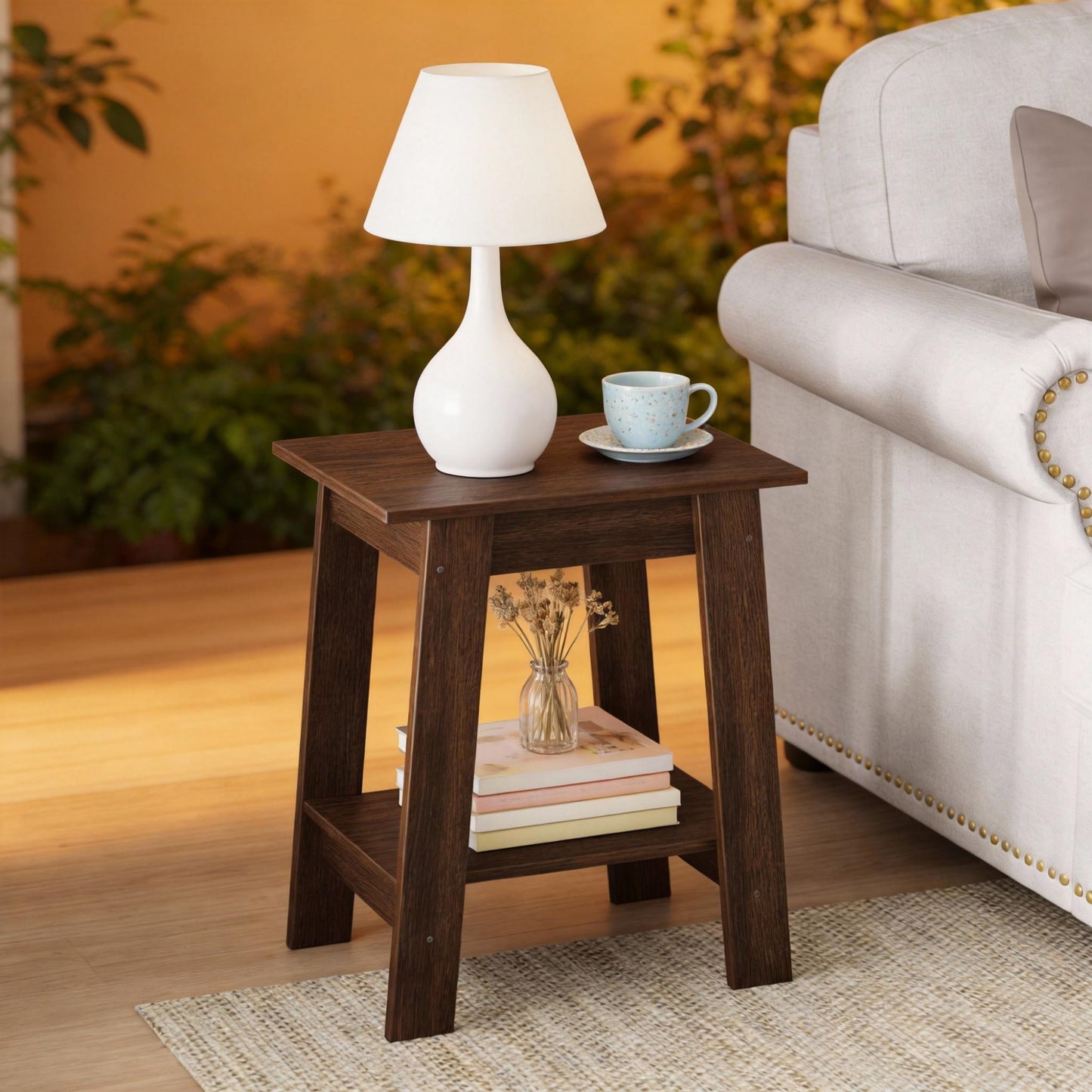Garvee Farmhouse 2 Tiers End Table, with Storage Shelves